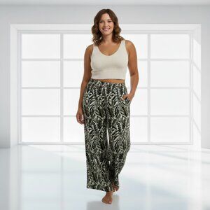 Cato Women’s Wide-Leg Pants | Size Large | Olive & Brown Leaf Print Comfortable